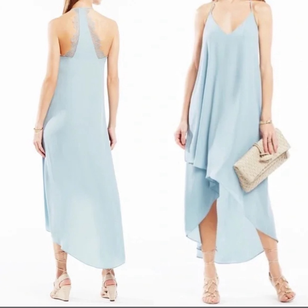 Bcbg Cressida Lace-Trim High-Low Slip Dress Light Blue Teal Womens Size Xs